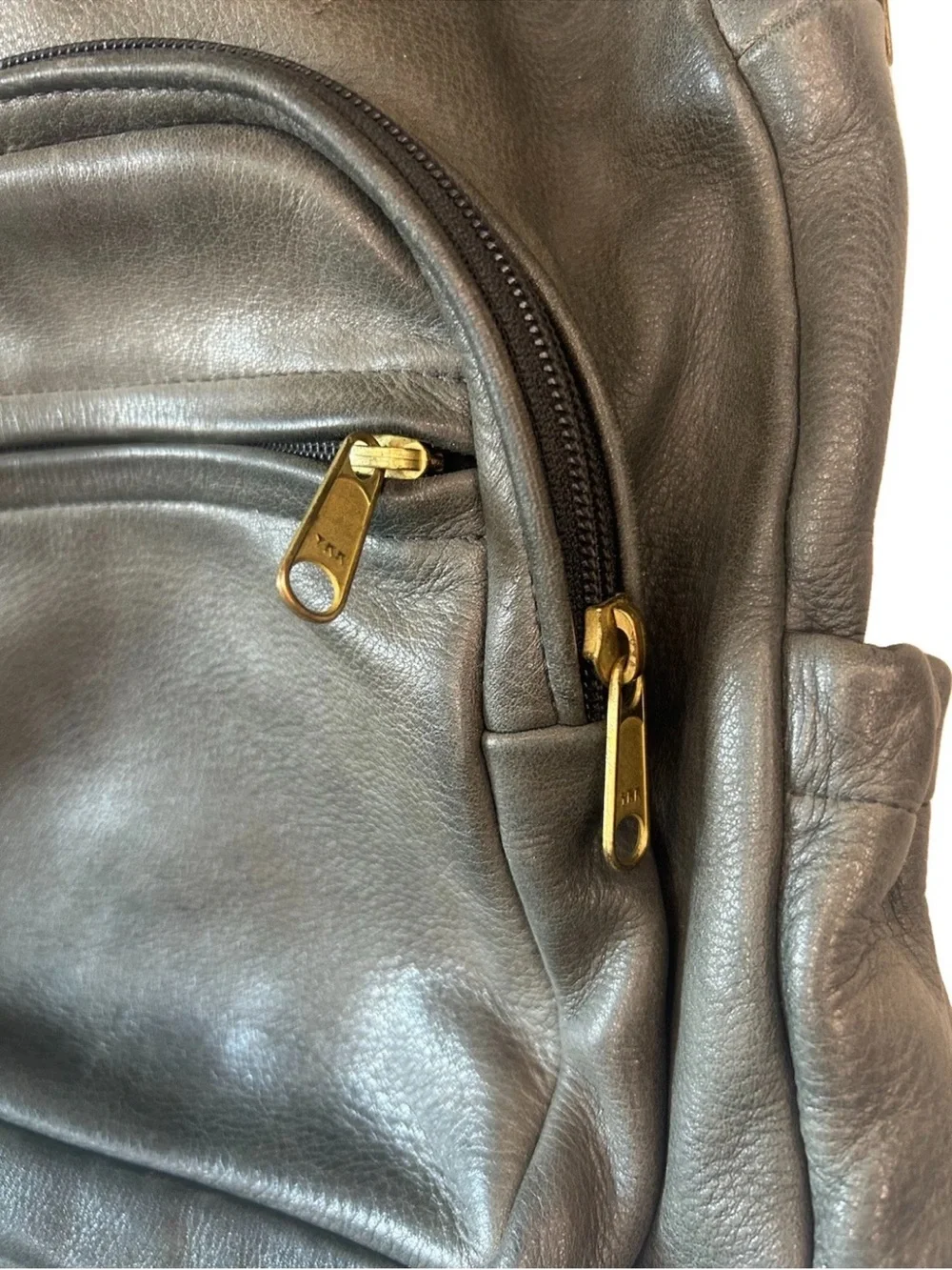 Vintage 90s Olive Green Genuine Leather Backpack Purse Brass YKK Slouchy